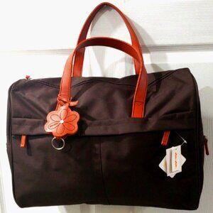 Travel Tote Bag in Brown Nylon – Orange Leather Handles w/ Flower Charm - Women